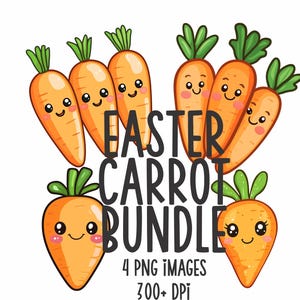 Bundle mignon de cliparts carottes kawaii, clipart carottes kawaii, clipart joyeuses Pâques, 4 fichiers PNG de haute qualité, 300 + DPI, POD, sublimination
