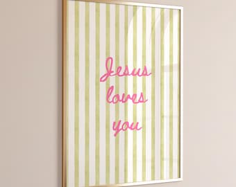 Grünes Aquarell bunte christliche Wandkunst Jesus liebt dich Trendige Wohnung druckbare Kunst christliche Mädchen-Raum-Dekor niedliches göttliches Wohndekor