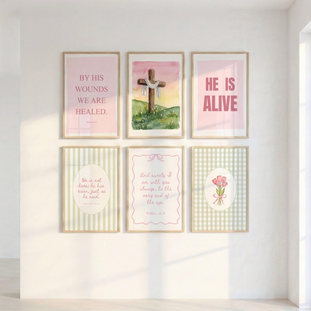 Easter Christian Wall Art Set of 6 Printable Bible Verse Posters, Pink ...