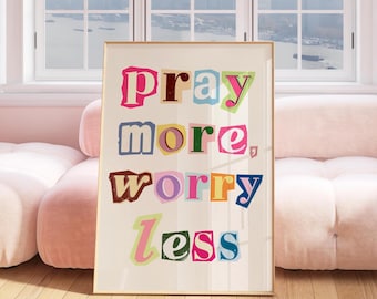 Pray more worry less wall art, retro Christian wall art print, teen bedroom decor, Jesus wall art, aesthetic Christian art, Bible art