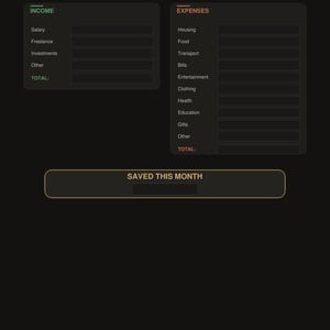Puede incluir: Planificador de presupuesto digital con secciones para ingresos y gastos. El planificador incluye categorías para salario, vivienda, alimentos y más. El texto "SAVED THIS MONTH" se muestra en un cuadro con borde dorado. El planificador es oscuro con texto blanco y dorado.