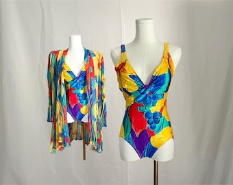 Vintage Gottex One Piece Swimsuit with Matching Coverup | 80s 90s wearable art | low back