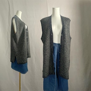 Gray Sweater Vest button up | vintage 90s | chevron print | TALL GIRL | size XL | sleeveless cardigan | oversized grandpa sweater
