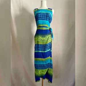 Blue Vintage Wrap Dress | 90s abstract grunge | size small | sleeveless | summer resort wear | beach | lime green