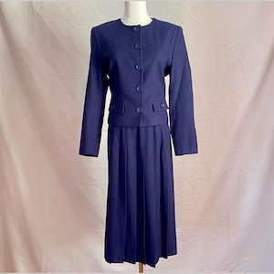 Vintage Suit Pleated Midi Skirt | Indigo blue | cropped  boxy blazer | size medium small | 80s 90s