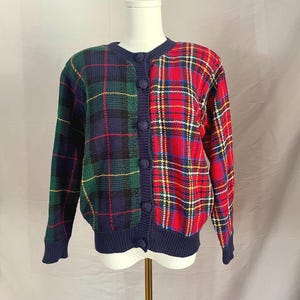 90s Vintage Green & Blue Plaid Cardigan / Victoria Jones