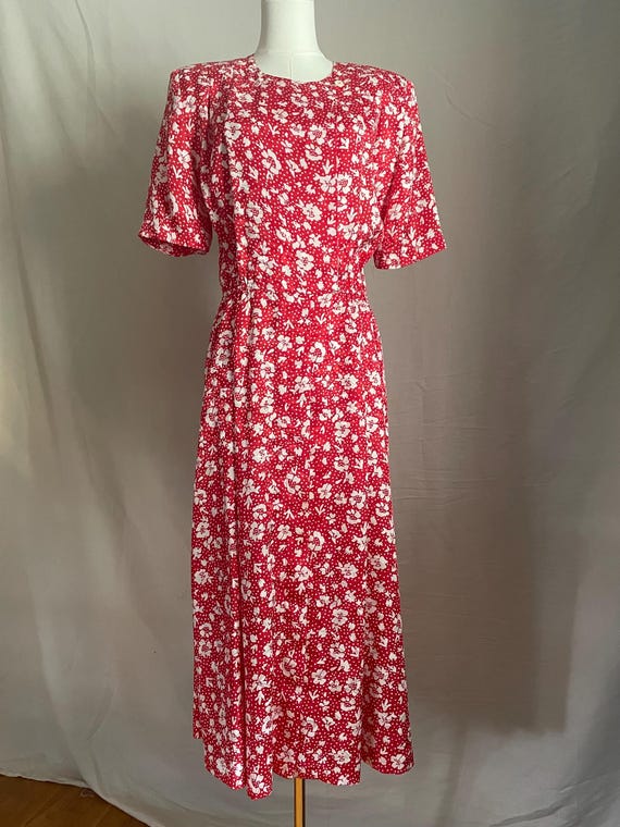 Red Floral Midi Dress Vintage 90s | Size Large | Belted | Polka Dot Red Floral Midi Dress Vintage 90s | Size Large | Belted | Polka Dot