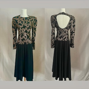 Black 80s Prom Dress Vintage by Nuit Ricki Lang | 1980s dress is bronze gold and black | drop waist