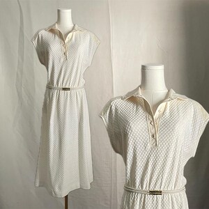 White Sundress Waffle Knit Vintage 70s | size small medium| textured midi dress | sleeveless | Cheekaberry