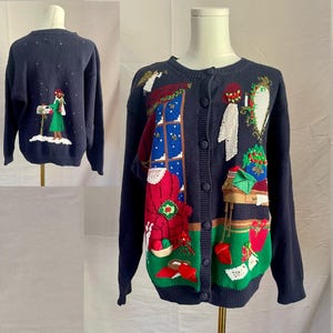 Suéter cárdigan navideño vintage / cottagecore / talla grande Susan Bristol 1994 / cartas a Papá Noel con letras extraíbles / suéter feo
