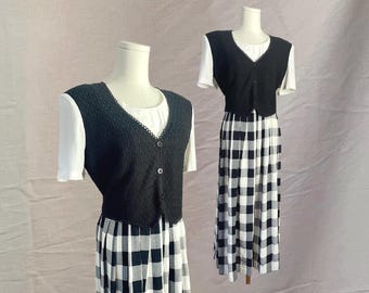 Vestido de cuadros vichy negro, estilo vintage de los años 90, midi, con chaleco, talla grande, con lazo en la espalda, estilo cottagecore, estilo abuela.
