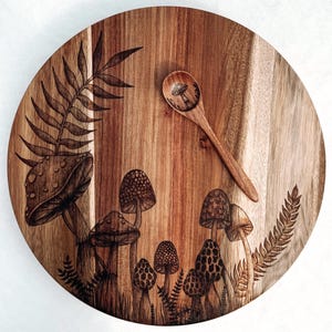 Hand Burned Mushroom Lazy Susan And Spoon