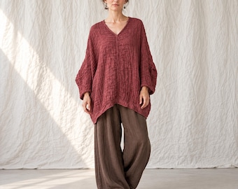 Maglione in lino con scollo a V, top morbido e testurizzato, taglia unica, rosa.
