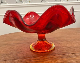 Vintage Viking Glass Amberina Mid Century 6 Petal Pedestal Bowl