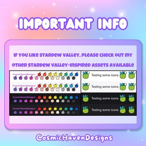 May include: A digital illustration of a variety of colorful icons, including a green apple with a face and the text "Hi!" and a small, round character with different colored faces. The text "CosmicHavenDesigns" appears at the bottom of the image.