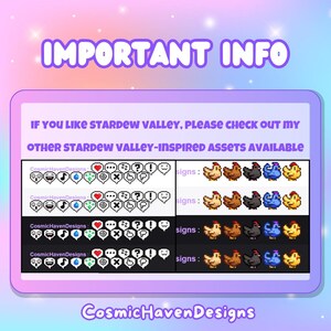 May include: A digital image showing a collection of Stardew Valley inspired assets. The image includes a variety of pixelated icons, including hearts, music notes, question marks, and chickens. The text "CosmicHavenDesigns" appears at the bottom of the image.