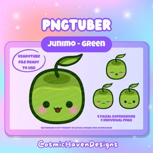 Puede incluir: Personaje Junimo verde con cuatro expresiones faciales diferentes. El Junimo es un personaje verde con forma de manzana con una hoja en la parte superior. El Junimo es un personaje del videojuego Stardew Valley. PNGTUBER, VEADOTUBE, ARCHIVO LISTO PARA USAR, 4 EXPRESIONES FACIALES, 4 PNG INDIVIDUALES, LA MARCA DE AGUA NO ESTÁ PRESENTE EN LOS DISEÑOS REALES UNA VEZ DESCARGADOS, CosmicHavenDesigns.