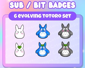 May include: Set of six digital badges featuring a cartoon Totoro character in various stages of evolution. The badges are in a white, blue, and gray color scheme. The text "SUB/BIT BADGES 6 EVOLVING TOTORO SET" is at the top of the image.