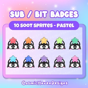 May include: Ten pastel colored cartoon soot sprites with stars on their heads. The sprites are black with white eyes and are peeking out from behind a black surface. The text "SUB / BIT BADGES" and "10 SOOT SPRITES - PASTEL" is above the sprites. The text "CosmicHavenDesigns" is below the sprites.