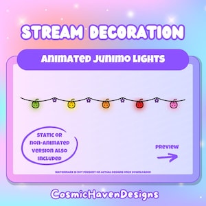 Op de afbeelding: Geanimeerde Junimo-lichtjes stream overlay. Een lichtsnoer met een groene, gele, oranje, rode en roze Junimo. De tekst "STATIC OR non-ANIMATED VERSION ALSO INCLUDED" staat in een cirkel. De tekst "PREVIEW" met een pijl staat in de rechterbenedenhoek. De tekst "CosmicHavenDesigns" staat in het midden onderaan.