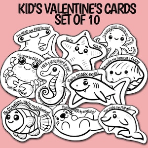 Marine Life Valentinstagskarten für Kinder zum Ausmalen - Doppelseitig - 10er-Set