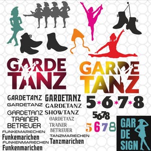Könnte beinhalten: Ein Grafikdesign mit Silhouetten von Tänzern, Stiefeln und den Worten "GARDE TANZ" in fetter Schrift. Zusätzlicher Text enthält "GARDETANZ", "TRAINER" und "FUNKEMARIECHEN". Das Design enthält verschiedene Farben, darunter Rot, Orange und Türkis.