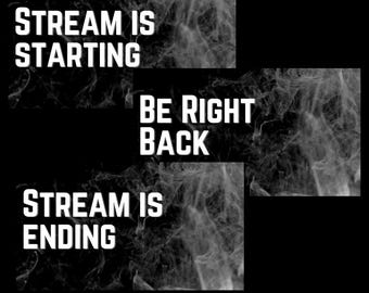 May include: Black and white graphic design with a smoky background. The text "STREAM IS STARTING" is at the top, "BE RIGHT BACK" in the middle, and "STREAM IS ENDING" at the bottom. The text "ShannonWatsonDesign" is at the bottom left and "@ShannonWatson.Design" is at the bottom right.