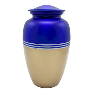 Gorgeous 3-Stripe Blue - Gold Metal Memorial Funeral Cremation Urn for Adult Human Ashes 10&quot; Tall