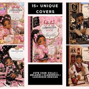 Puede incluir: Una colección de cuadernos de composición con personajes chibi ilustrados en varios entornos. Las portadas muestran esquemas de color rosa, dorado y negro con texto que incluye 15+ UNIQUE COVERS, CUTE CHIBI DOLLS, MELANIN, GLAMOROUS, LUXURIOUS DESIGNS y COMPOSITION BOOK.