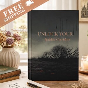 May include: A hardcover book with a dark, moody cover featuring a silhouette of bare trees against a gray sky, with the text "UNLOCK YOUR Hidden Corridors" in copper lettering. The cover includes vertical drip-like lines and a dark landscape.