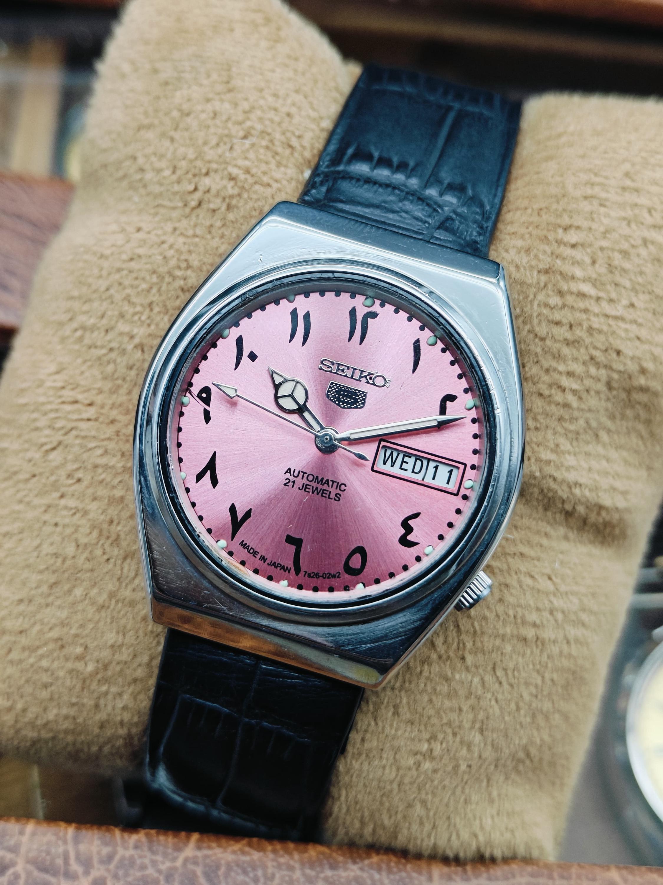 Vintage Seiko 5 Automatic Men's Wrist Watch, Retro Watch, Gift for him, Handmade vintage watch- PINK arabic Dial Watch