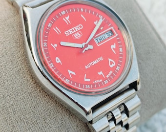 Vintage 1990&#39;s Seiko 5 Men&#39;s Automatic Men&#39;s Wrist Watch Arabic Dial, Handmade Watch, V-day Gift, Gift For Him