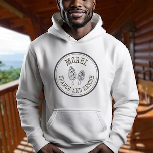 Morel Mushroom Search and Rescue Squad Hoodie, Fungi Lover Gift, Forest Foraging Sweatshirt, Nature Enthusiast Hooded Top, Outdoor Adventure