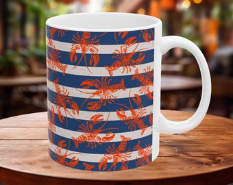 Caneca de cerâmica com estampa de lagosta náutica: decoração para casa de praia