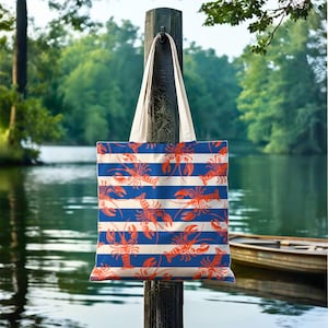 Nautical Tote Bag, Lobster Print Beach Bag, Ocean Lover Carryall, Coastal Shoulder Bag, Navy and Red Striped Tote, Fisherman Chic Handbag