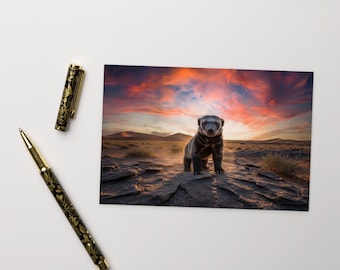 Epic Honey Badger Postcard | Sunset Wildlife Art | Funny Animal Stationery | Desert Safari Print | "Don't Care" Spirit Animal Snail Mail