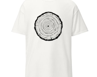 Minimalistisch T-shirt met boomringen: uniseks katoenen wandelshirt