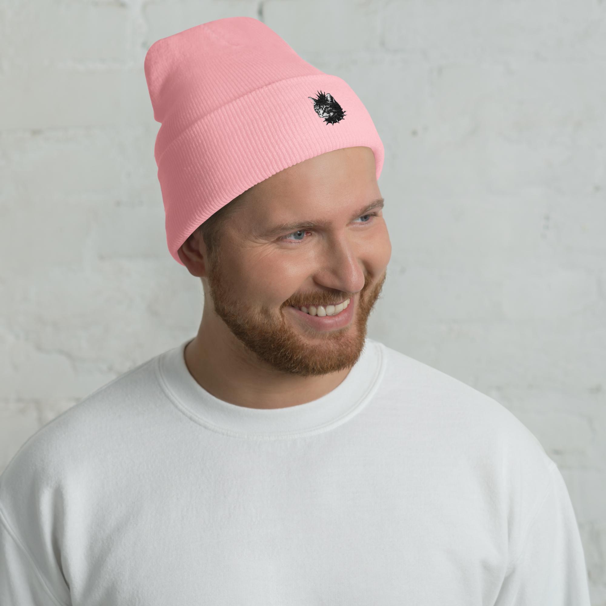 Pink Punk Cat Beanie | Spiked Kitten Embroidered Hat | Goth 