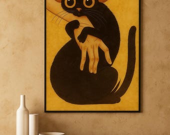 Vintage Black Cat Print: Surreal Whimsical Illustration (PNG Download 2.3 Ratio)