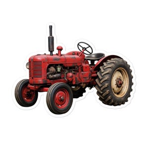 Puede incluir: Una pegatina de un tractor rojo vintage con neumáticos negros y un tubo de escape negro. El tractor tiene un volante negro y un asiento negro. Las ruedas del tractor tienen una llanta blanca. El tractor es un vehículo agrícola clásico.