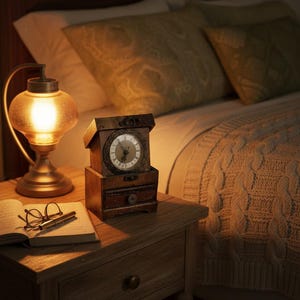 May include: A wooden bedside table featuring a vintage clock, a lit lamp, an open book, and spectacles. The clock has a round face with Roman numerals. The lamp has a round, frosted glass shade. A bed with pillows and a blanket is in the background.