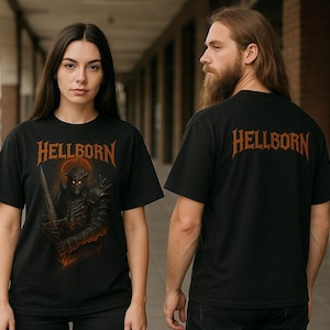 May include: Black t-shirts with the word "HELLBORN" in orange gothic lettering. The front of the shirt features a detailed illustration of a warrior with a sword. The back of the shirt also has the word "HELLBORN".