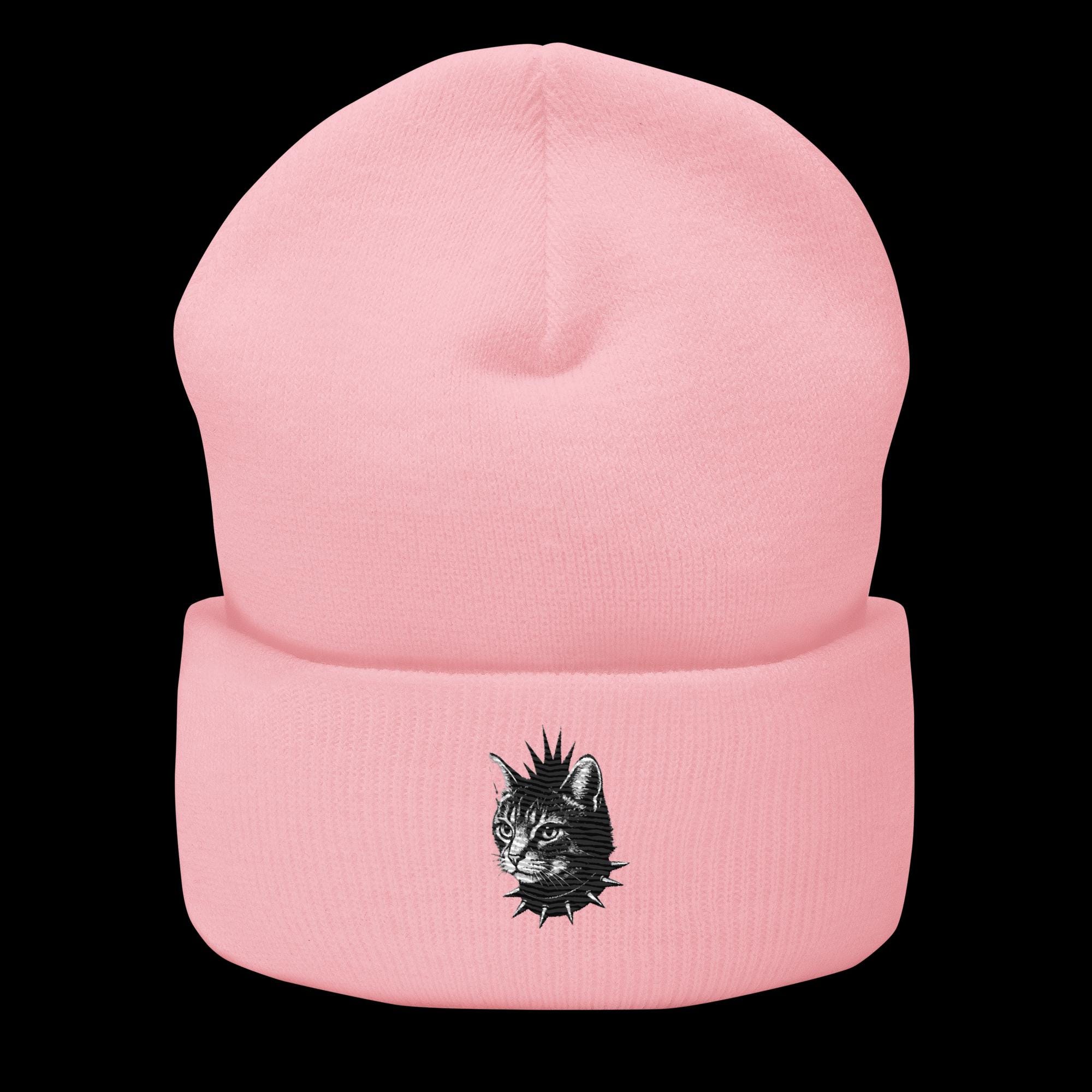 Pink Punk Cat Beanie | Spiked Kitten Embroidered Hat | Goth  display picture 2