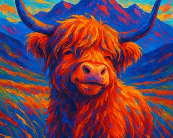 Tramonto con mucca delle Highlands - Stampa artistica digitale da parete (rapporto 2:3)
