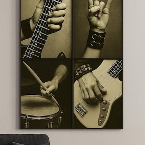 Vintage Rock Music Wall Art | Guitar, Drums & Rock Hand Sign | Musician Poster | Grunge Black and White Print | PNG Digital Download (2:3)