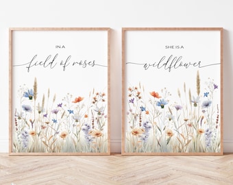 In a Field of Roses, She Is a Wildflower, Boho Floral Wall Art, Nursery Wall Art, Wildflowers Girls Room Decor (Digital Download)
