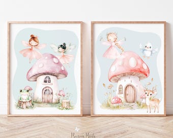 Fairy Mushroom House Nursery Prints, Whimsical Fairy Nursery Art, Fairy Tale Art Prints,  (Digital Download)