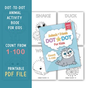 Dot to Dot Baby Animal Coloring Book | 50 Cute Animal Puzzles + Number Practice & Mazes | Kids Printable Activity | Instant Download