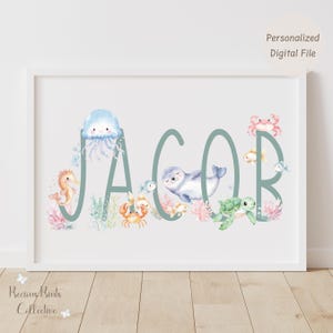 Impressão personalizada com o nome do oceano | Arte para quarto de bebê com tema subaquático | Decoração de parede com animais marinhos para crianças | Arquivo digital personalizado apenas | Arte para bebês com tema oceânico