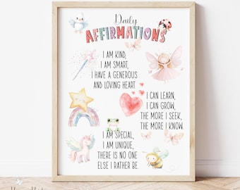 May include: A framed print with the words "Daily Affirmations" in colourful letters. The print features illustrations of a bird, fairy, ladybug, star, rainbow, frog, unicorn, bee, and hearts. The affirmations are written in black text.